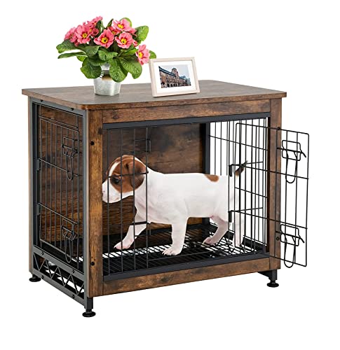 MaxxPet Hundekäfig Holz - Tierkäfig - Haustierkäfig - Gitterbox Hund - Hundebox mit 2 Türen - Moderne Hundehütte Indoor für Hunde - Herausnehmbares Tablett - Mit Matte - 63x51x59 cm - Braun von MaxxPet