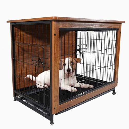 MaxxPet Hundekäfig Holz - Tierkäfig - Haustierkäfig - Gitterbox Hund - Hundebox mit 2 Türen - Moderne Hundehütte Indoor für Hunde - Herausnehmbares Tablett - Mit Matte - 83x55x64 cm - Braun von MaxxPet