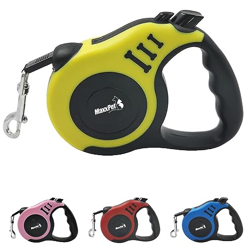 MaxxPet Hundeleine – Flexi Hundeleine 5m – Leine Hund - Dog Leash - Laufleine für Hunde - Hundeleine Kleine und Mittelgroße Hunde Leicht – Hundeleine mit Bremsknopf – bis 15 KG – Gelb von MaxxPet