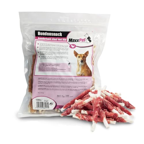 MaxxPet Hundesnacks Huhn - Hühnerstäbchen aus Rinderhaut - Hühnersnack für Hunde - Rinderhaut mit Huhn - 13 cm - 1000 Gramm von MaxxPet