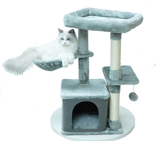 MaxxPet Kratzbaum - Katzenspielzeug - Kratztonne - Katzenhaus - Katzenkratzbaum 4 Etagen - 3 Liegeplätze + Katzenhaus mit zusätzlichen Spielzeugen - 40x30x77cm - Grau von MaxxPet