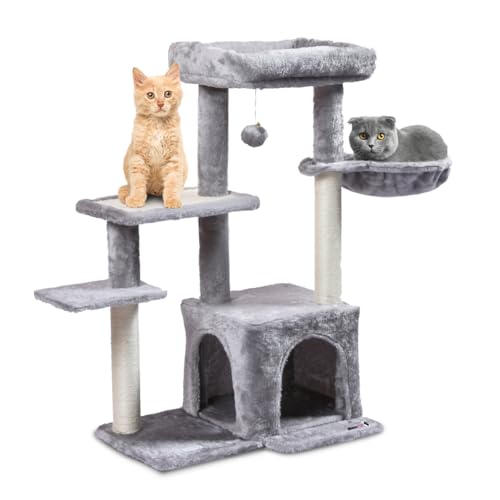 MaxxPet Kratzbaum - Katzenspielzeug - Kratztonne - Katzenhaus - Katzenkratzbaum 4 Etagen - 3 Liegeplätze + Katzenhaus + Hängematte mit zusätzlichen Spielzeugen - 58x39x90cm - Grau von MaxxPet