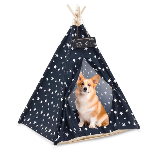 Tipi Zelt für Haustiere, Tragbar Gestreift Haustier Zelte mit dickem Kissen, Abnehmbar & Waschbar Hundezelt Katzenzelt für drinnen und draußen, Zelt Möbel für Hunde und Katzen, 70x70x110cm, Navy Blau von Maycoly