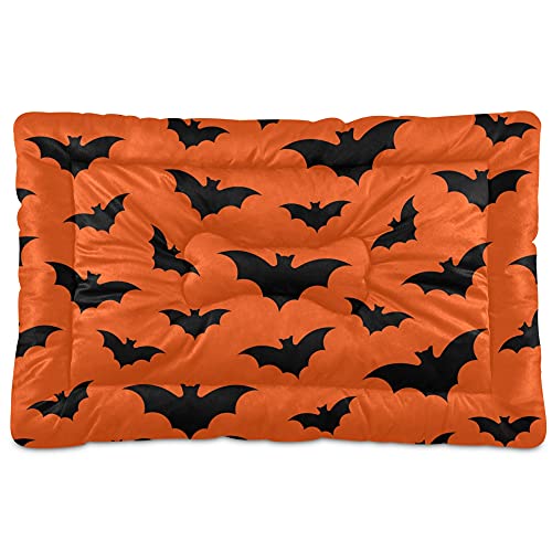 Mazeann Happy Halloween Hundebett Matte für große Hunde Welpen Katze Kätzchen, Halloween Fledermäuse Muster Ultra Weich Haustierbett Matratze für Kiste mit Anti-Rutsch Waschbar, Orange, 61 x 91 cm von Mazeann