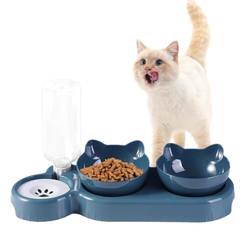 Double Cat Bar, Double Dog Bowl | 15° geneigte Futterschalen mit automatischer Wasserspenderflasche | 500 ml Wasserflasche, Futternapf für Katzen und Hunde, Welpen, Kätzchen von Mbiyhgta