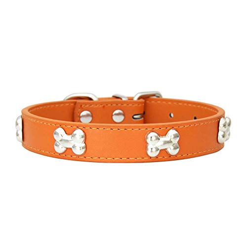 Mdurian Echtes Leder Metall Knochen Knochen besetzt Hundehalsband Sicher & Bequem Verstellbare Halsbänder für kleine mittelgroße Hunde, (S, Orange) von Mdurian