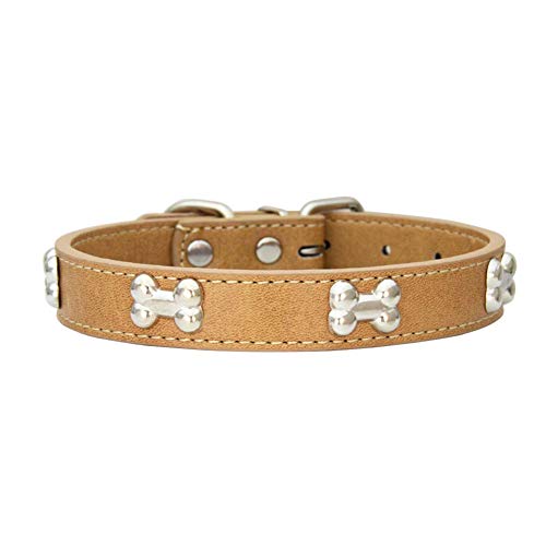 Mdurian Echtes Leder Metallknochen Nieten Hundehalsband Sichere und Bequeme verstellbare Halsbänder für kleine mittelgroße Hunde, (L, Kaffee) von Mdurian