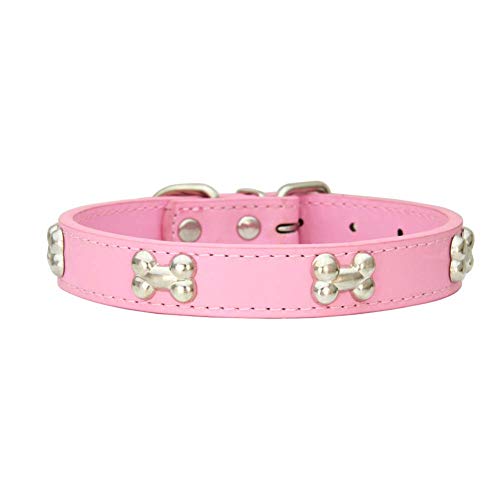 Mdurian Echtes Leder Metallknochen Nieten Hundehalsband Sicheres und bequemes verstellbares Halsband für kleine mittelgroße Hunde, (L, Pink) von Mdurian