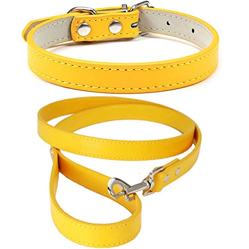 Mdurian Echtleder Leine Combo Set Einfarbiges Hundehalsband Sicher & Bequem Verstellbare Halsbänder für kleine, mittlere Hunde (Gelb, L) von Mdurian