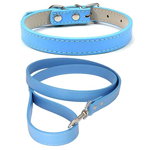 Mdurian Echtleder Leine Combo Set Einfarbiges Hundehalsband Sicher und bequem Verstellbare Größe Halsbänder für kleine mittelgroße Hunde (blau, XL) von Mdurian