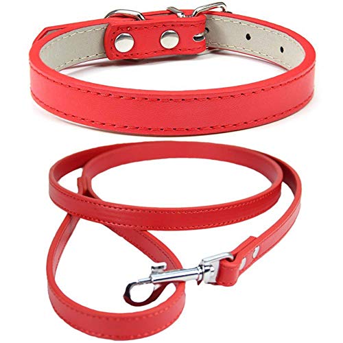 Mdurian Echtleder Leine Combo Set Einfarbiges Hundehalsband Sicher und bequem Verstellbare Größe Halsbänder für kleine mittelgroße Hunde (rot, XL) von Mdurian