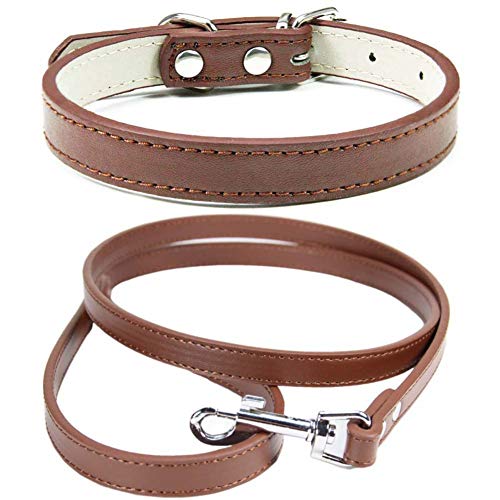 Mdurian Echtleder Leine Combo Set Einfarbiges Hundehalsband Sicher und bequem Verstellbare Halsbänder für kleine, mittlere Hunde (Braun, L) von Mdurian