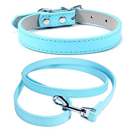 Mdurian Echtleder Leine Combo Set Einfarbiges Hundehalsband Sicher und bequem Verstellbare Halsbänder für kleine, mittlere Hunde (Hellblau, L) von Mdurian