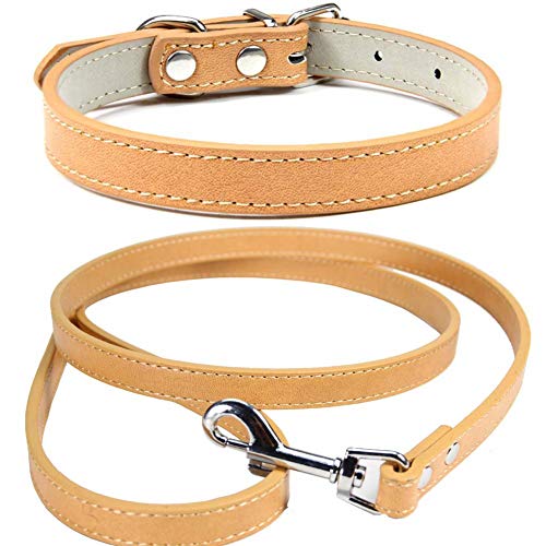 Mdurian Echtleder Leine Combo Set Einfarbiges Hundehalsband Sicher und bequem Verstellbare Halsbänder für kleine, mittlere Hunde (Khaki, L) von Mdurian