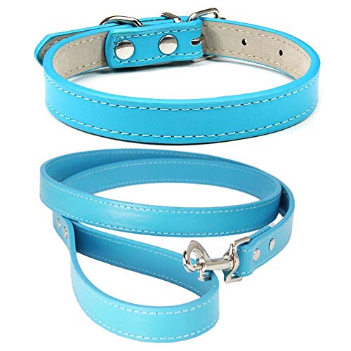 Mdurian Echtleder Leine Combo Set Einfarbiges Hundehalsband Sicher und bequem Verstellbare Halsbänder für kleine, mittlere Hunde (Lake Blue, XL) von Mdurian