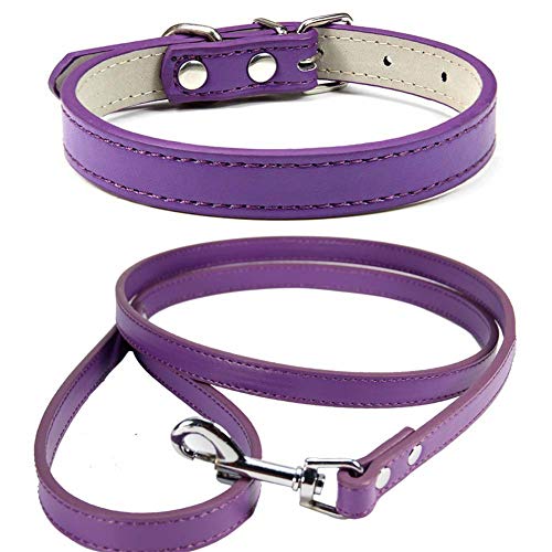 Mdurian Echtleder Leine Combo Set Einfarbiges Hundehalsband Sicher und bequem Verstellbare Halsbänder für kleine, mittlere Hunde (Lila, L) von Mdurian