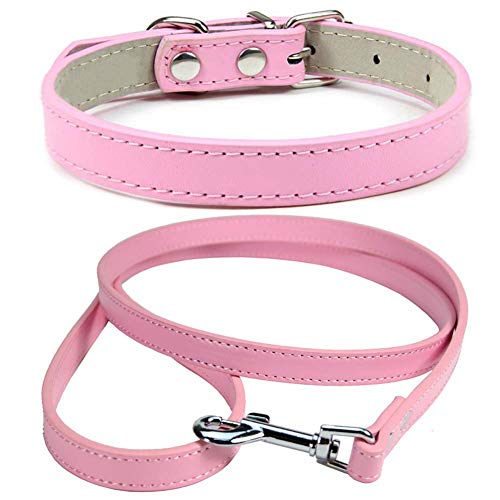 Mdurian Echtleder Leine Combo Set Einfarbiges Hundehalsband Sicher und bequem Verstellbare Halsbänder für kleine, mittlere Hunde (Pink, S) von Mdurian