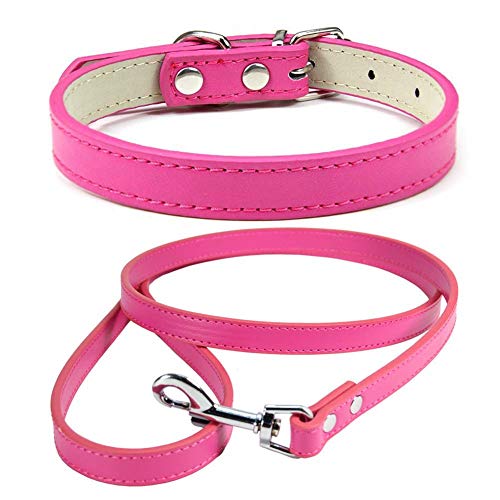 Mdurian Echtleder Leine Combo Set Einfarbiges Hundehalsband Sicher und bequem Verstellbare Halsbänder für kleine, mittlere Hunde (Rose, L) von Mdurian