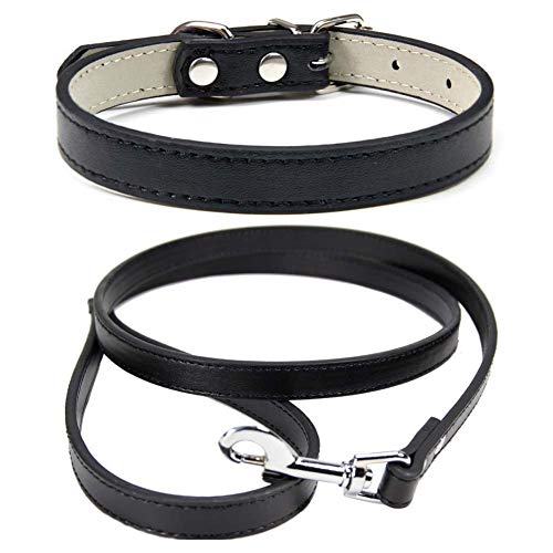 Mdurian Echtleder Leine Combo Set Einfarbiges Hundehalsband Sicher und bequem Verstellbare Halsbänder für kleine, mittlere Hunde (Schwarz, L) von Mdurian