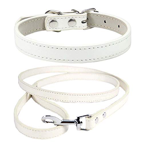 Mdurian Echtleder Leine Combo Set Einfarbiges Hundehalsband Sicher und bequem Verstellbare Halsbänder für kleine, mittlere Hunde (Weiß, L) von Mdurian