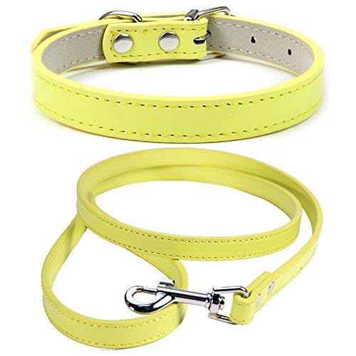 Mdurian Echtleder Leine Combo Set Einfarbiges Hundehalsband Sicher und bequem Verstellbare Halsbänder für kleine, mittlere Hunde (hellgelb, XL) von Mdurian