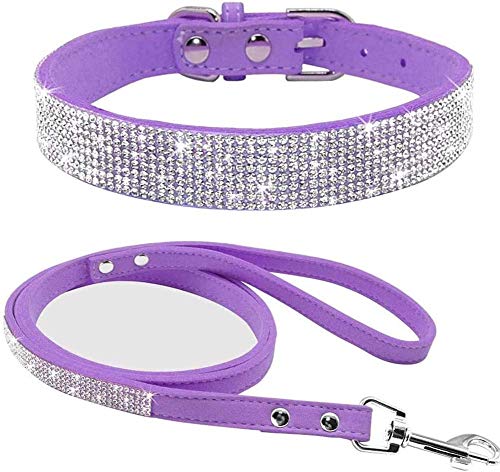 Mdurian Strass Hundehalsband mit Leine Schillernde Kristalldiamant-Nietenhalsbänder Weiches Wildleder Leder Leine Kombi-Set für Haustier Hündchen, (M, Lila) von Mdurian