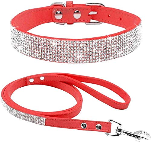 Mdurian Strass Hundehalsband mit Leine Schillernde Kristalldiamant-Nietenhalsbänder Weiches Wildleder Leder Leine Kombi-Set für Haustier Hündchen, (M, Rot) von Mdurian