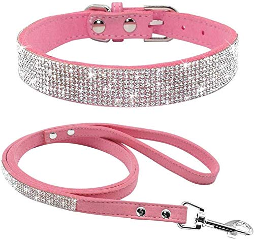 Mdurian Strass Hundehalsband mit Leine Schillernde Kristalldiamant-Nietenhalsbänder Weiches Wildleder Leder Leine Kombi-Set für Haustier Hündchen, (XS, Pink) von Mdurian