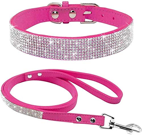 Mdurian Strass Hundehalsband mit Leine Schillernde Kristalldiamant-Nietenhalsbänder Weiches Wildleder Leder Leinen Combo Set für Haustier Hündchen, (M, Rose) von Mdurian