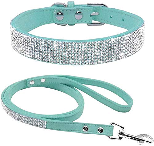 Mdurian Strass Hundehalsband mit Leine Schillernde Kristalldiamant-Nietenhalsbänder Weiches Wildleder Leder Leinen Combo Set für Pet Puppy Dog, (M, Lake Blue) von Mdurian