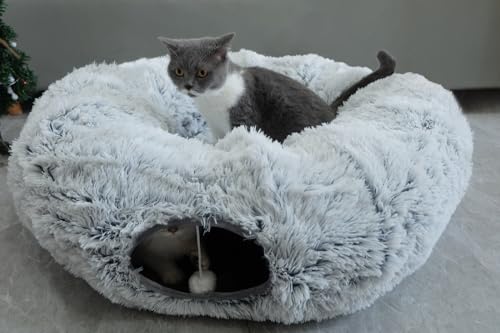 MEHONGCAN Plüsch-Katzentunnelbett mit zentraler Matte für Katzen, Kätzchen, Welpen, Kaninchen, Katzenspieltunnel, Guckloch und hängenden Ball von MeHongCan