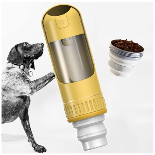 Hunde Trinkflasche, 2in1 Hundetrinkflasche, 350ml mit 150ml Futterbeutel Hund Wasserflasche für Wandern, Reisen mit Haustieren,Yellow von MeLtor