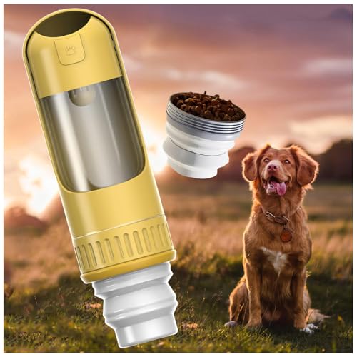 Hunde Trinkflasche, 350 ml Hundetrinkflasche mit 150 ml Hundefutter Becher Hundenapf Unterwegs für Hundereisen im Freien, Training und Andere Outdoor-Aktivitäten,Yellow von MeLtor