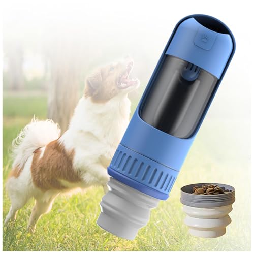 Hunde Trinkflasche, 350 ml Hundetrinkflasche mit 150 ml Hundefutter Becher Hundewasserflasche Für Unterwegs für Wandern, Reisen mit Haustieren,Blue von MeLtor