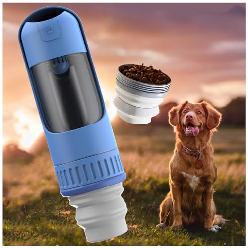 Hunde Trinkflasche, 350 ml Hundetrinkflasche mit 150 ml Hundefutter Becher Wasserflaschen Für Hunde für Wandern, Reisen mit Haustieren,Blue von MeLtor