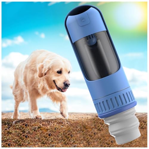 Hunde Trinkflasche to Go, 2in1 unterwegs, 350ml mit 150g Falten Futterbehälter Trinkflasche Für Hunde Für Unterwegs für Wandern, Reisen mit Haustieren,Blue von MeLtor