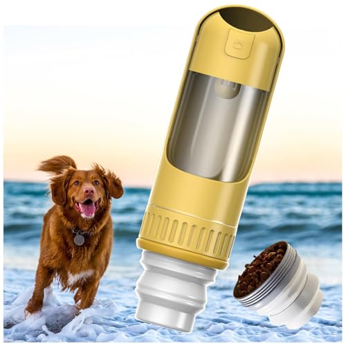 Hunde Trinkflasche to Go, 350 ml Hundetrinkflasche mit 150 ml Hundefutter Becher Hundetrinkflasche Für Unterwegs für Hundereisen im Freien, Training und Andere Outdoor-Aktivitäten,Yellow von MeLtor