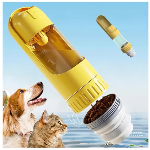 Hunde Trinkflasche to Go, 350 ml Hundetrinkflasche mit 150 ml Hundefutter Becher Trinkflaschen Für Hunde für Täglich Spazieren Gehen Reisen Campen,Yellow von MeLtor