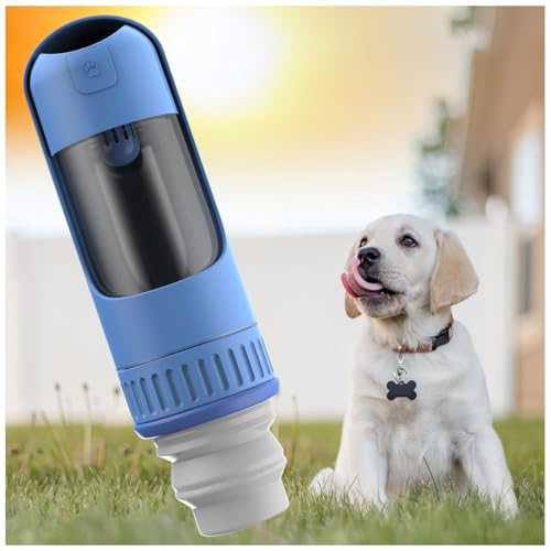 Hundeflasche Unterwegs, 2in1 Hundetrinkflasche, 350ml mit 150ml Futterbeutel Hundetrinkflasche Unterwegs für Große Kleine Hunde Leckdichte Wasserflasche,Blue von MeLtor