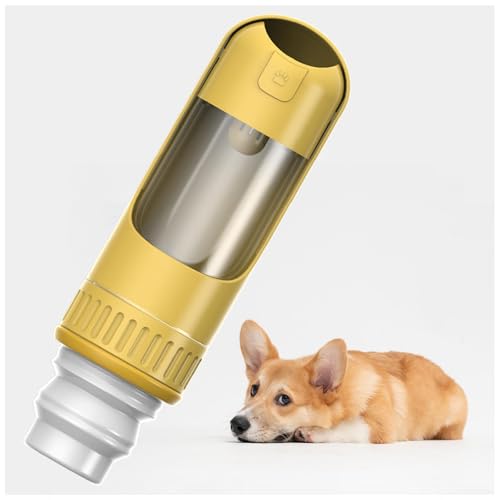 Hundeflasche Unterwegs, 2in1 Hundetrinkflasche, 350ml mit 150ml Futterbeutel Trinkflasch Hund für Wandern, Reisen mit Haustieren,Yellow von MeLtor