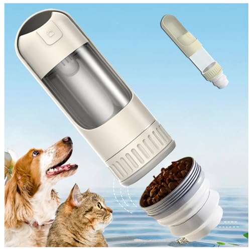 Hundeflasche Unterwegs, 2in1 unterwegs, 350ml mit 150g Falten Futterbehälter Hund Wasserflasche für Wandern, Reisen mit Haustieren,White von MeLtor