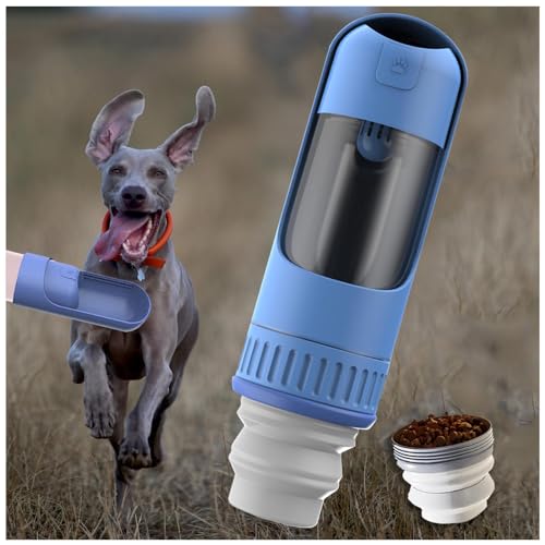 Hundeflasche Unterwegs, 2in1 unterwegs, 350ml mit 150g Falten Futterbehälter Wasserflasche Hund für Hundereisen im Freien, Training und Andere Outdoor-Aktivitäten,Blue von MeLtor