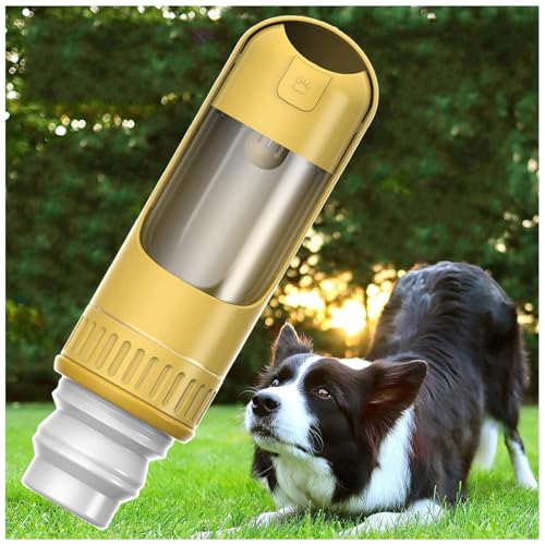 Hundeflasche Unterwegs, 350 ml Hundetrinkflasche mit 150 ml Hundefutter Becher Hunde Trinkflasche Für Unterwegs für Wandern, Reisen mit Haustieren,Yellow von MeLtor