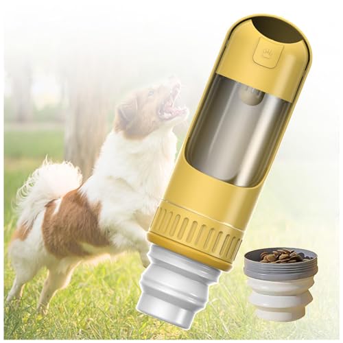 Hundeflasche Unterwegs, 350 ml Hundetrinkflasche mit 150 ml Hundefutter Becher Reise Trinkflasche Hund für Große Kleine Hunde Leckdichte Wasserflasche,Yellow von MeLtor