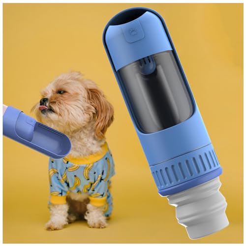 Hundetrinkflasche Für Unterwegs, 2in1 unterwegs, 350ml mit 150g Falten Futterbehälter Hund Trinkflasche für Große Kleine Hunde Leckdichte Wasserflasche,Blue von MeLtor