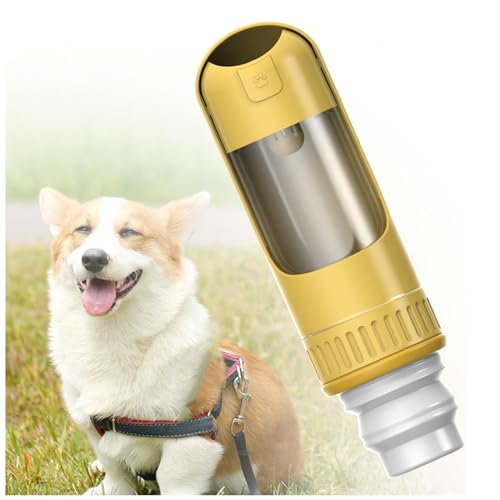 Hundetrinkflasche Für Unterwegs, 2in1 unterwegs, 350ml mit 150g Falten Futterbehälter Trinkflasche Hunde Für Unterwegs für Wandern, Reisen mit Haustieren,Yellow von MeLtor