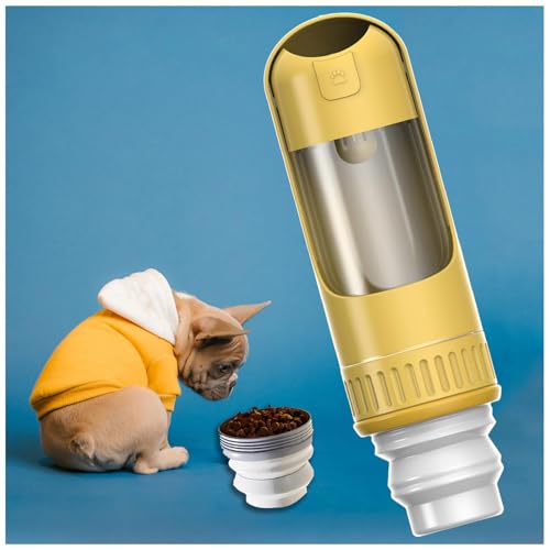 Trinkflasche Für Hunde, 2in1 unterwegs, 350ml mit 150g Falten Futterbehälter Reise Trinkflasche Hunde für Hundereisen im Freien, Training und Andere Outdoor-Aktivitäten,Yellow von MeLtor