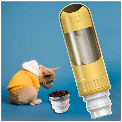 Trinkflasche Hund, 350 ml Hundetrinkflasche mit 150 ml Hundefutter Becher Hunde Trinkflasche für Täglich Spazieren Gehen Reisen Campen,Yellow von MeLtor