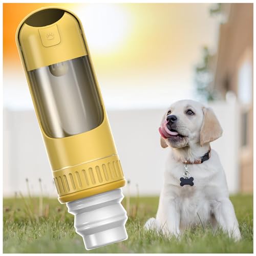 Trinkflasche Hund, 350 ml Hundetrinkflasche mit 150 ml Hundefutter Becher Reisetrinkflasche Für Hunde für Täglich Spazieren Gehen Reisen Campen,Yellow von MeLtor