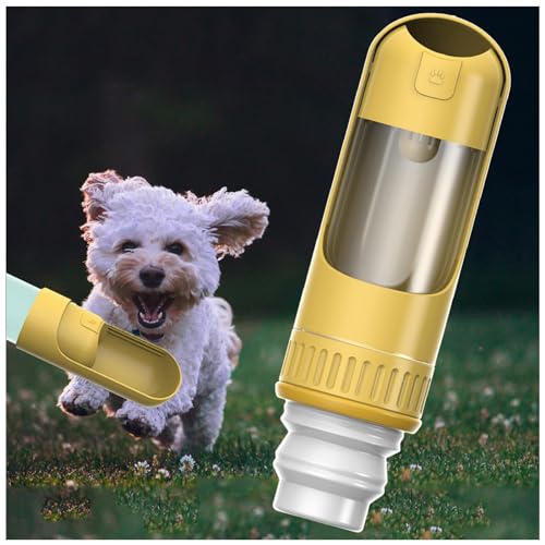 Trinkflasche Hund Unterwegs, 2in1 unterwegs, 350ml mit 150g Falten Futterbehälter Hundetrinkflasche Für Unterwegs für Große Kleine Hunde Leckdichte Wasserflasche,Yellow von MeLtor